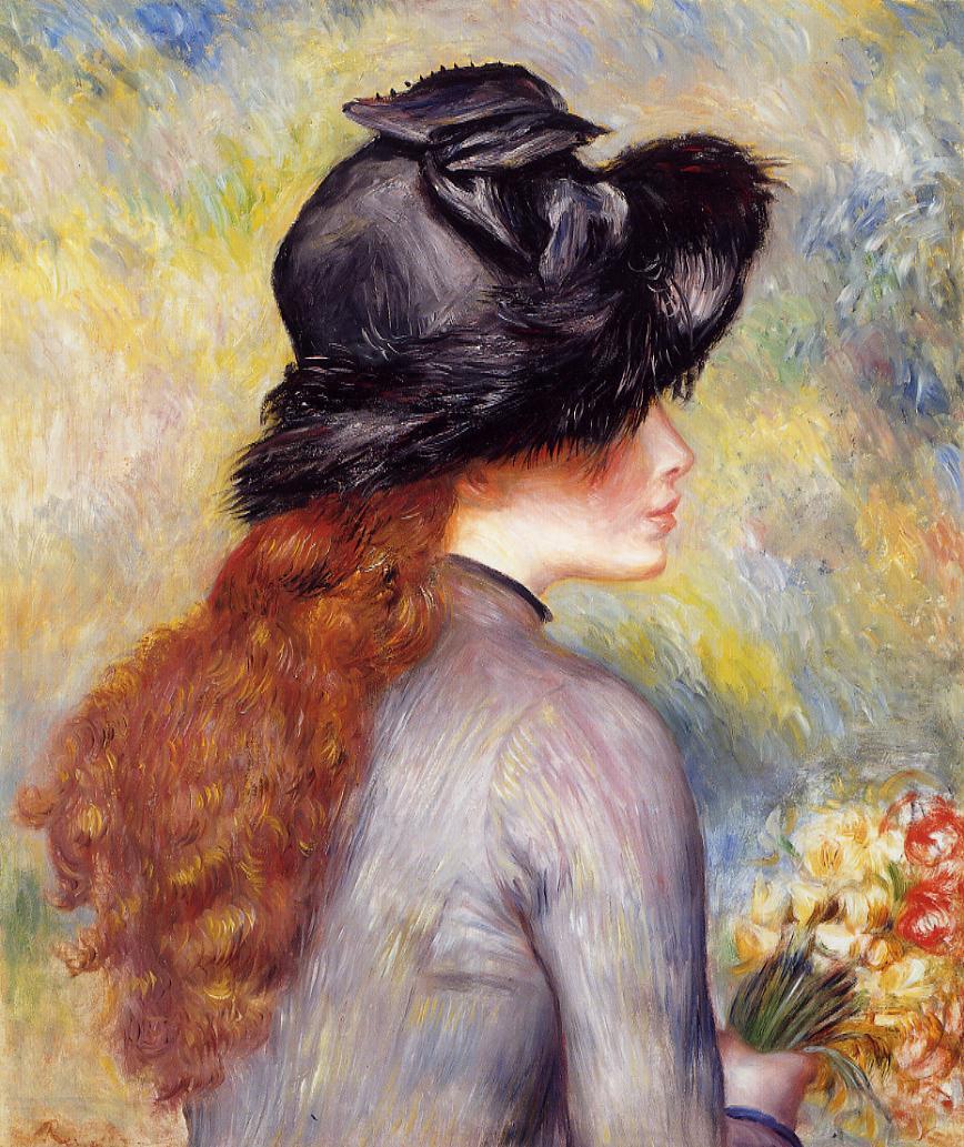 Young Girl Holding at Bouquet of Tulips - Pierre-Auguste Renoir painting on canvas